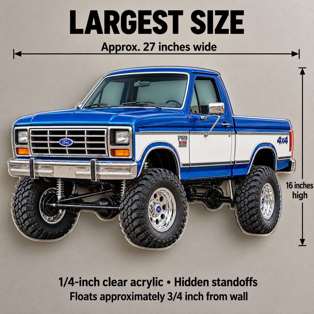 1985 Ford F-150 Bullnose 4x4 Cobalt Blue & White acrylic wall sign sizes mockup