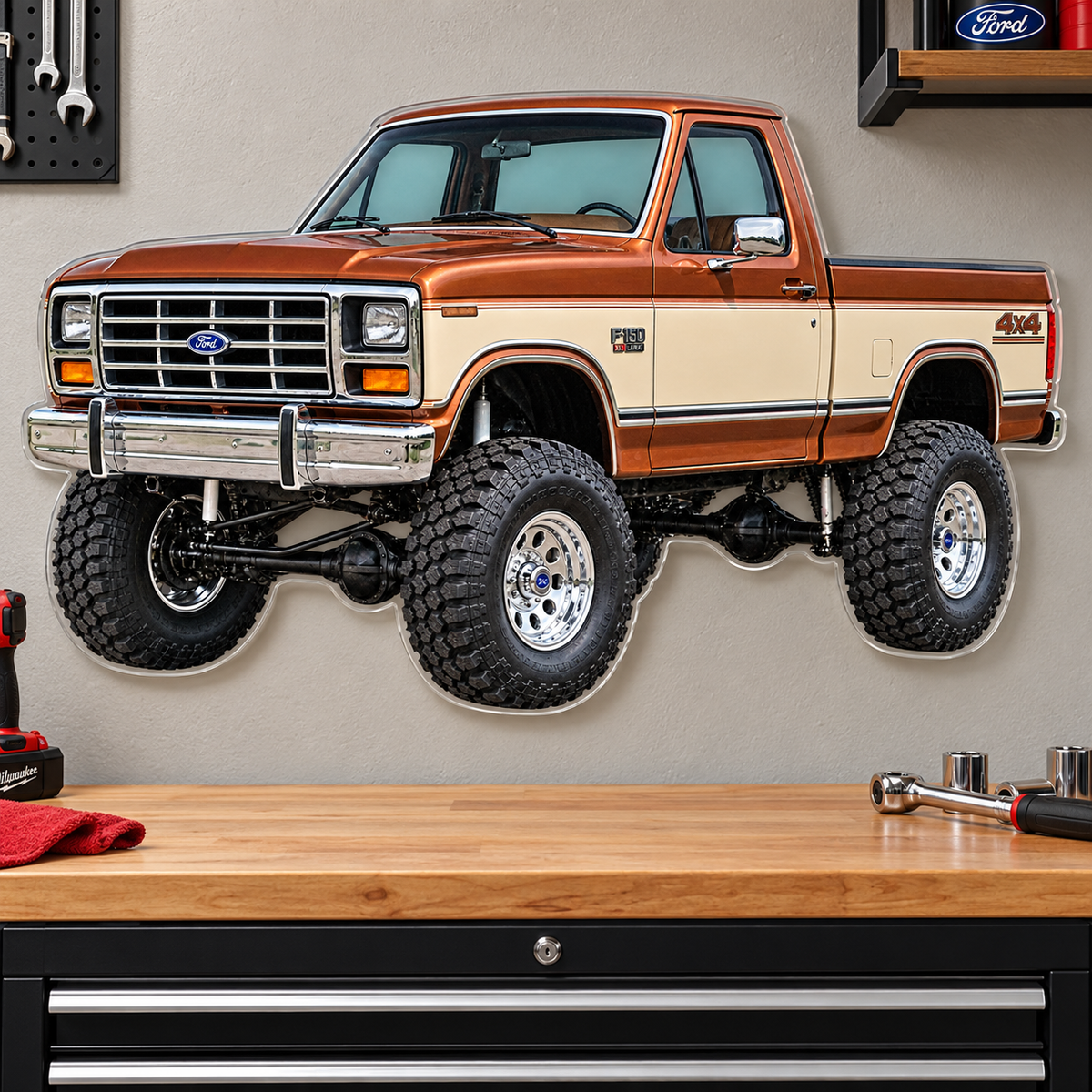 1985 Ford F-150 Bullnose 4x4 Copper & Cream acrylic wall sign garage mockup