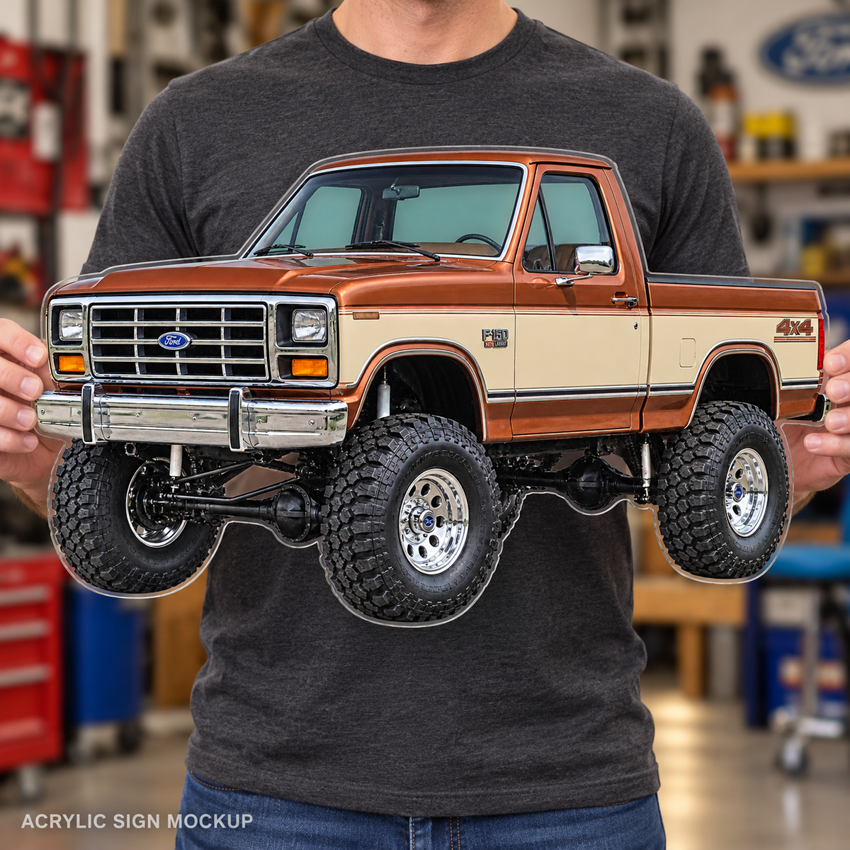 1985 Ford F-150 Bullnose 4x4 Copper & Cream acrylic wall sign held mockup