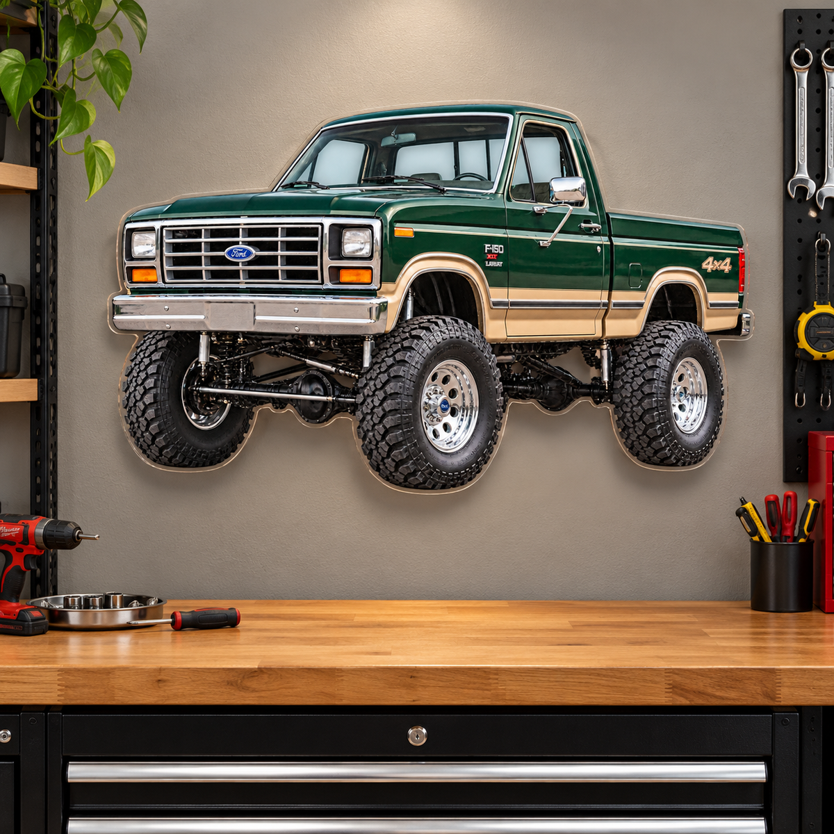 1985 Ford F-150 Bullnose 4x4 Forest Green & Tan acrylic sign garage mockup