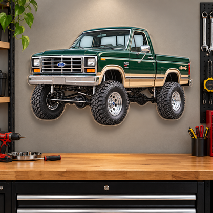 1985 Ford F-150 Bullnose 4x4 Forest Green & Tan acrylic sign garage mockup