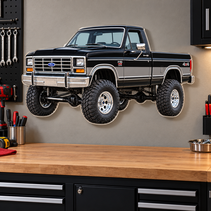 1985 Ford F-150 Bullnose 4x4 Raven Black & Charcoal acrylic sign garage mockup