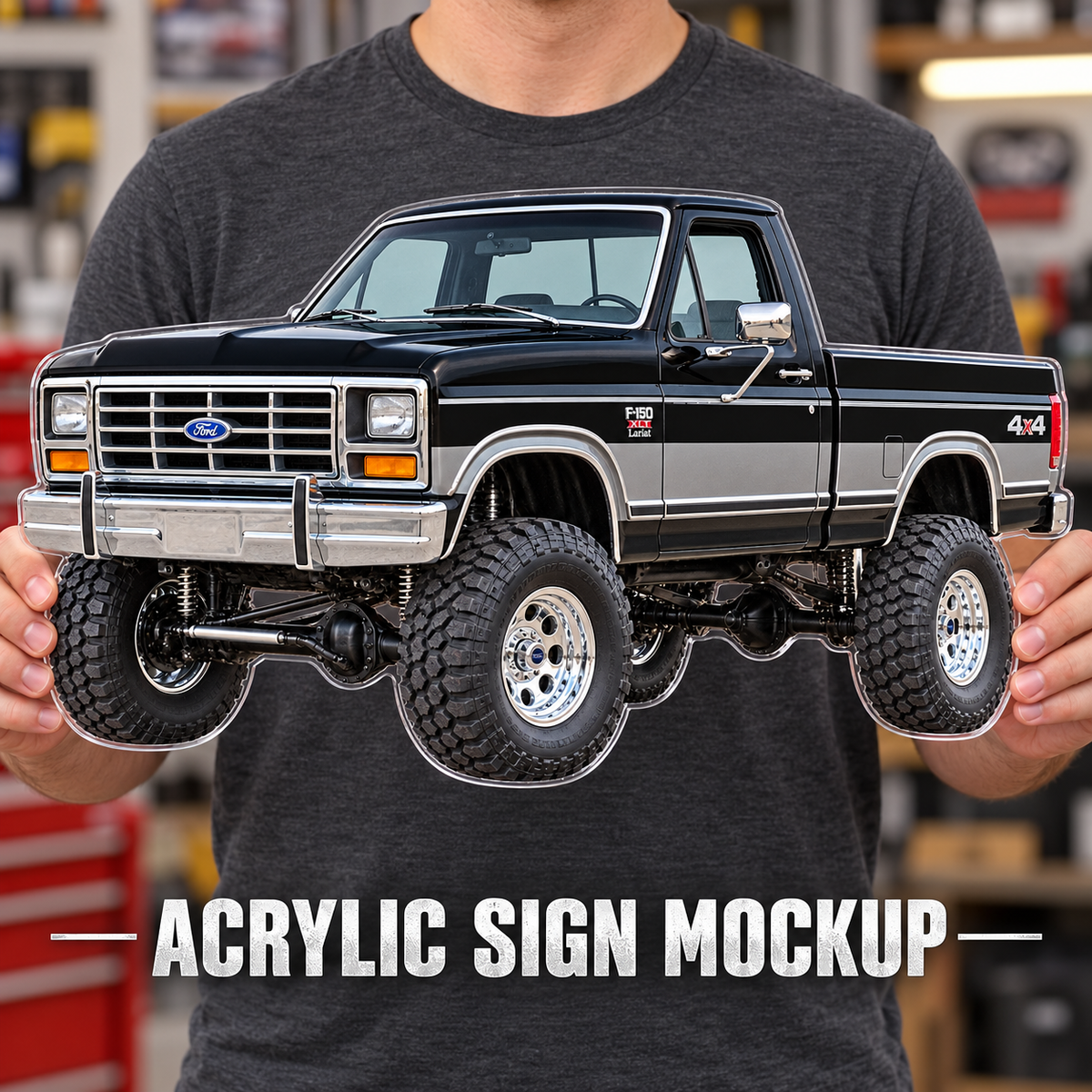 1985 Ford F-150 Bullnose 4x4 Raven Black & Charcoal acrylic sign held mockup