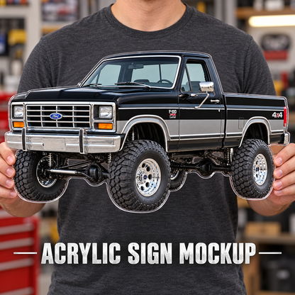 1985 Ford F-150 Bullnose 4x4 Raven Black & Charcoal acrylic sign held mockup
