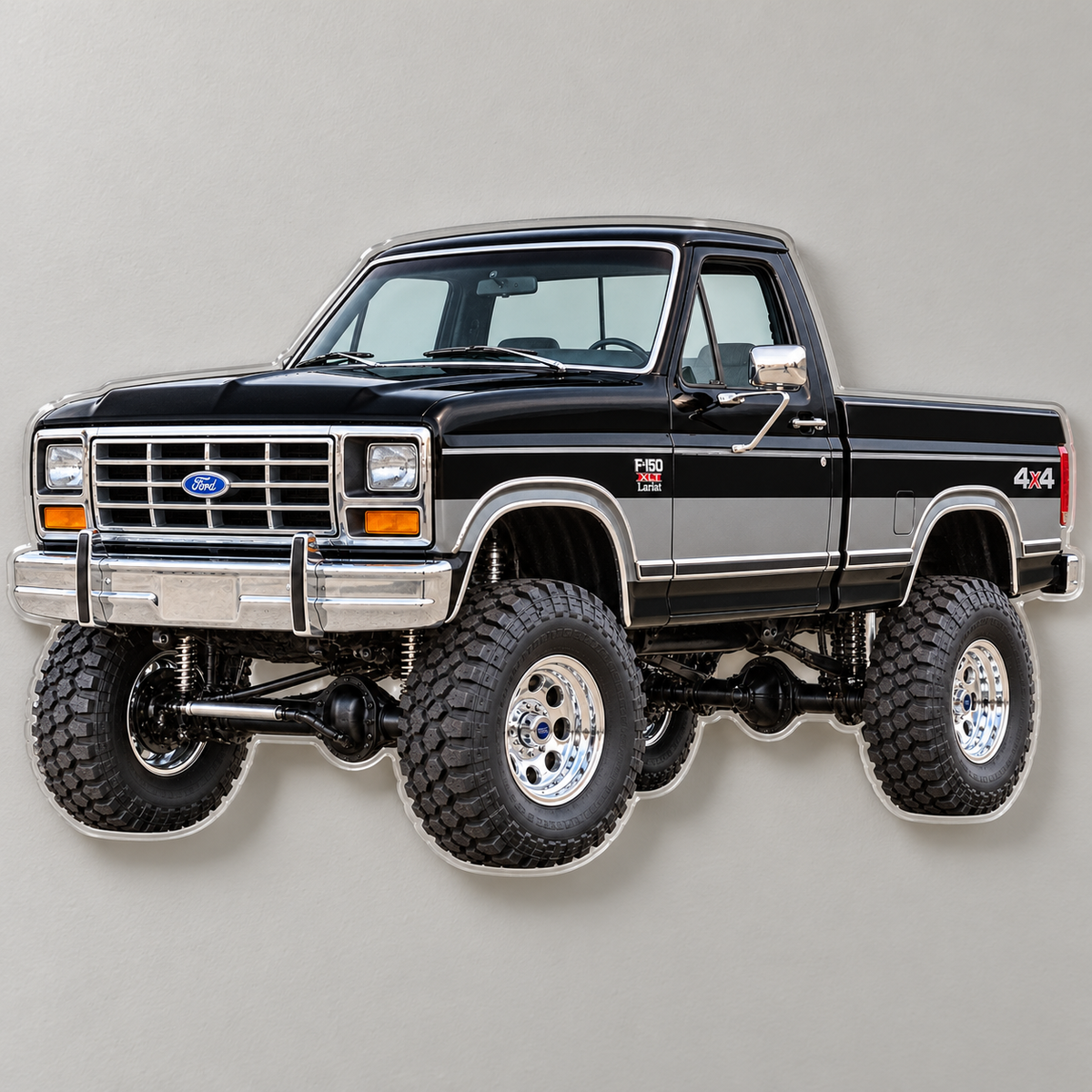 1985 Ford F-150 Bullnose 4x4 Raven Black & Charcoal acrylic sign wall mockup