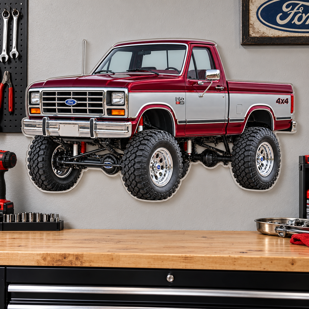 1985 Ford F-150 Burgundy and Silver acrylic sign garage mockup