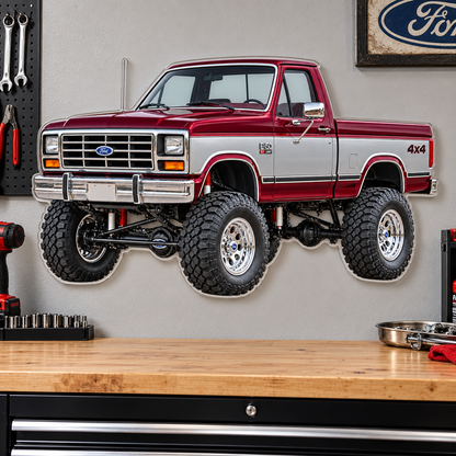 1985 Ford F-150 Burgundy and Silver acrylic sign garage mockup
