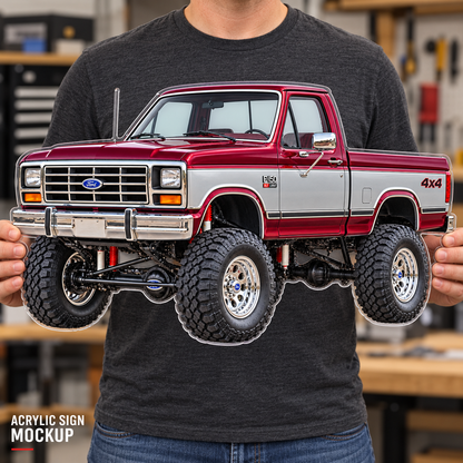 1985 Ford F-150 Burgundy and Silver acrylic sign held mockup