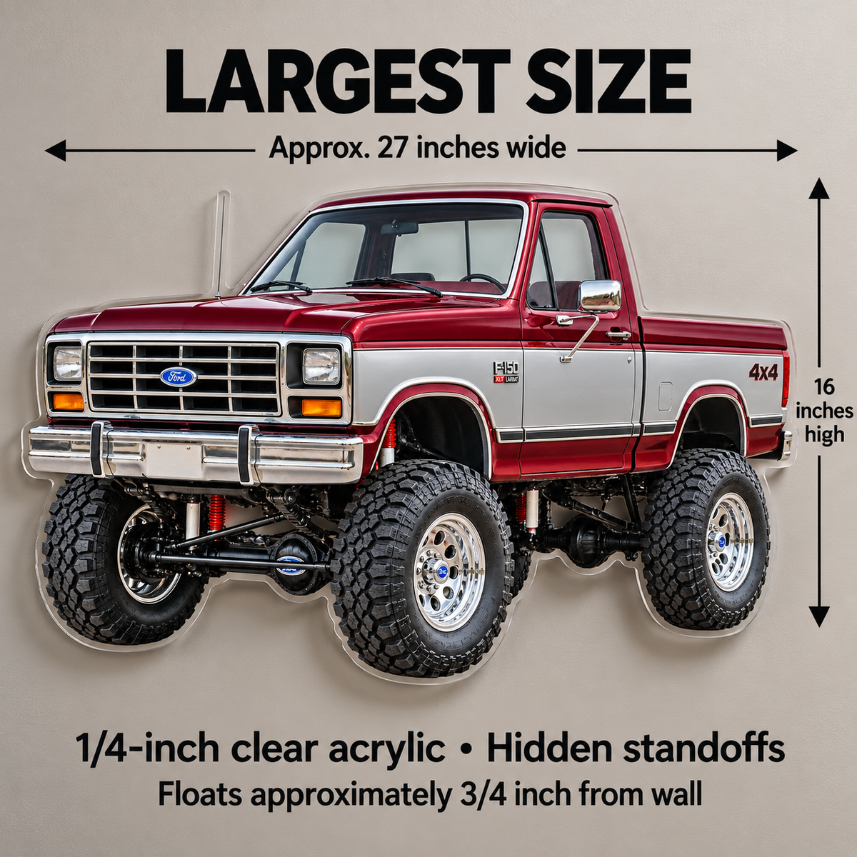 1985 Ford F-150 Burgundy and Silver acrylic sign sizes mockup