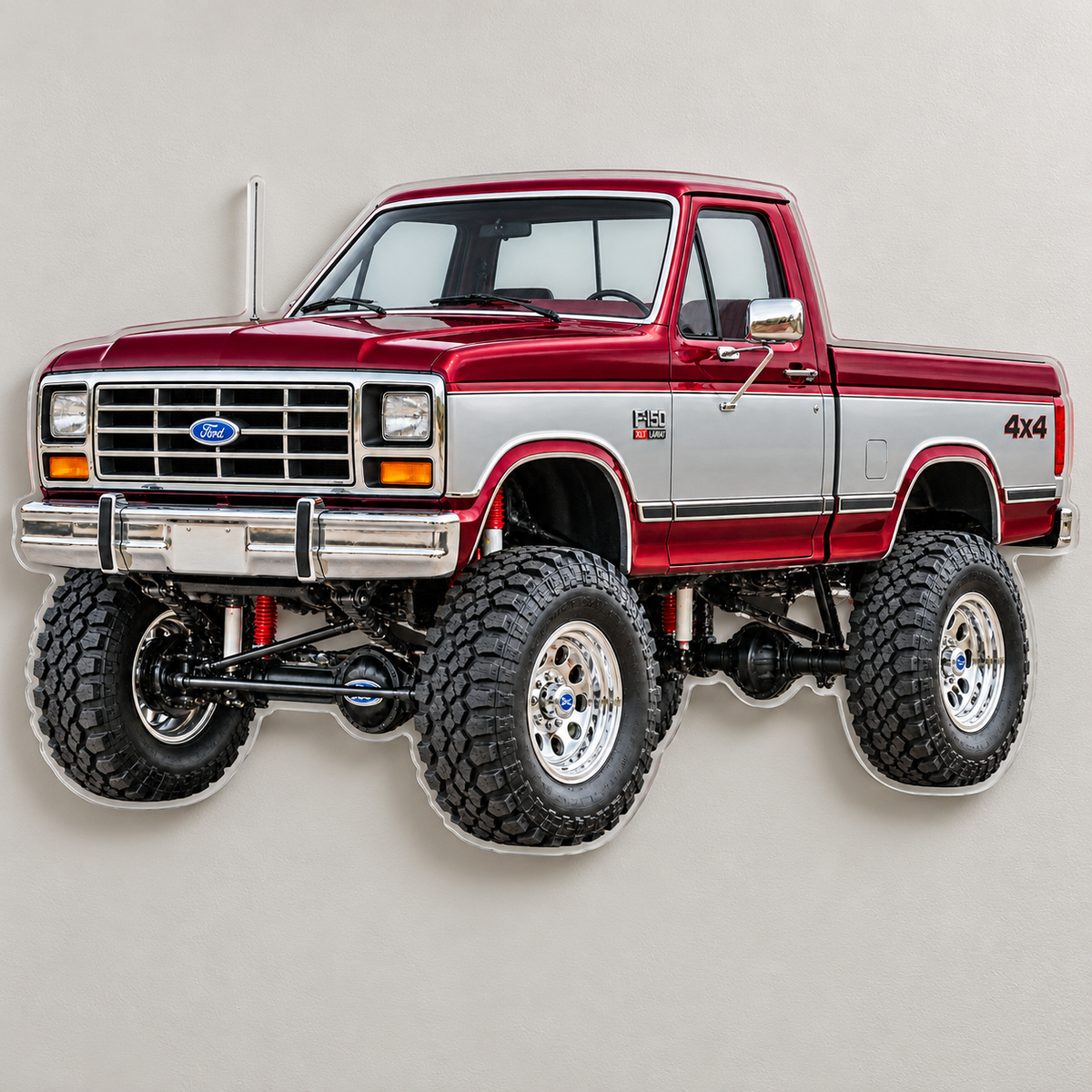 1985 Ford F-150 Burgundy and Silver acrylic sign wall mockup