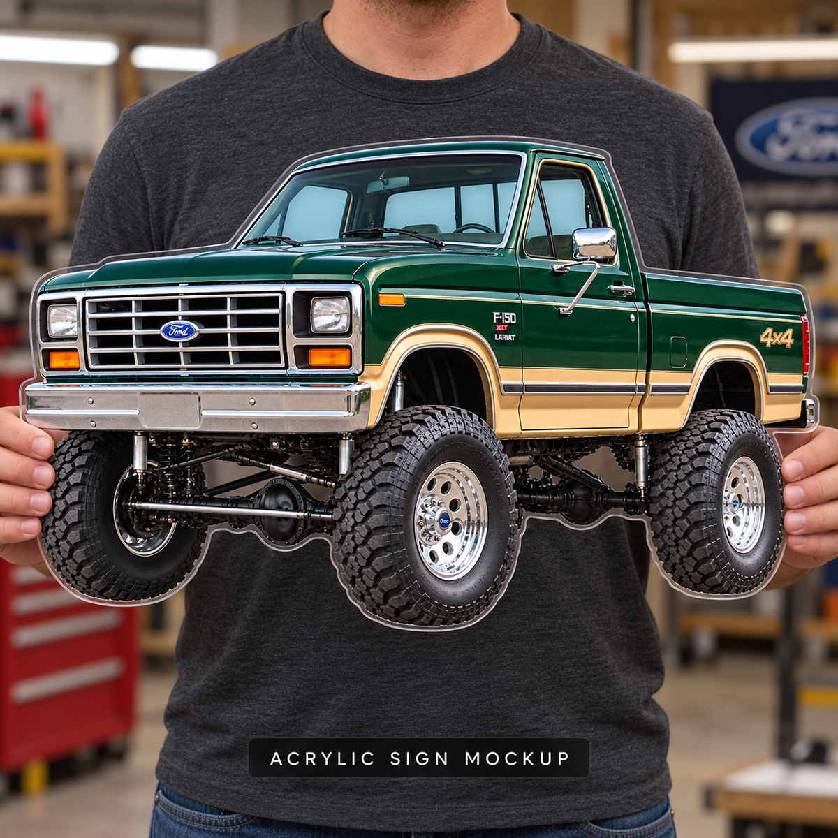 1985 Ford F-150 Forest Green and Tan acrylic sign held mockup