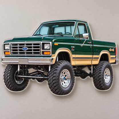 1985 Ford F-150 Forest Green and Tan acrylic sign wall mockup