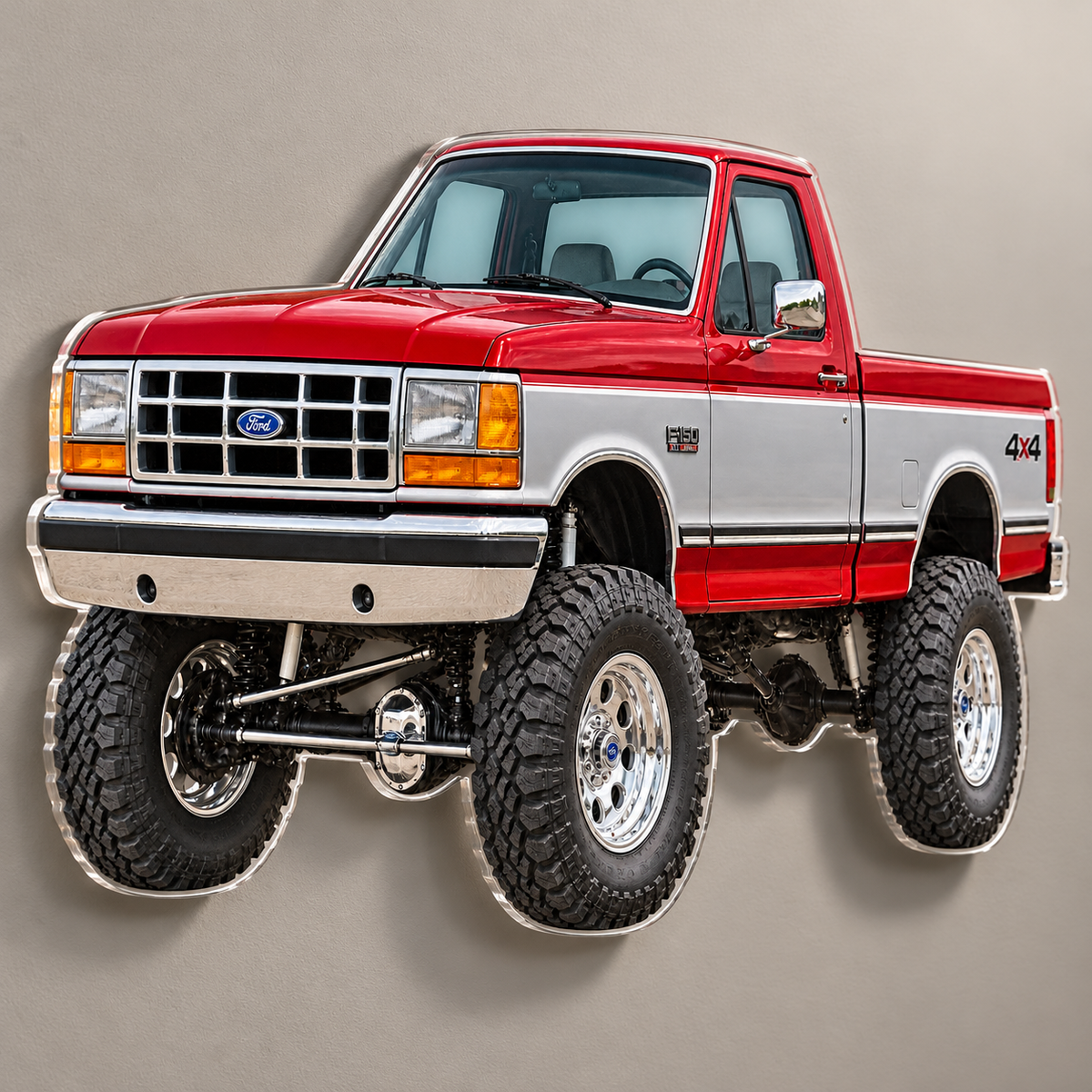 1990 Ford F-150 Bricknose 4x4 Crimson Red & Silver acrylic wall sign angle mockup