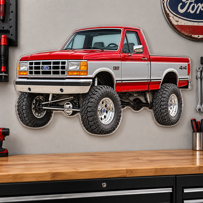 1990 Ford F-150 Bricknose 4x4 Crimson Red & Silver acrylic wall sign garage mockup