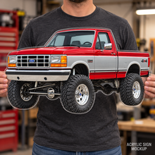 1990 Ford F-150 Bricknose 4x4 Crimson Red & Silver acrylic wall sign held mockup