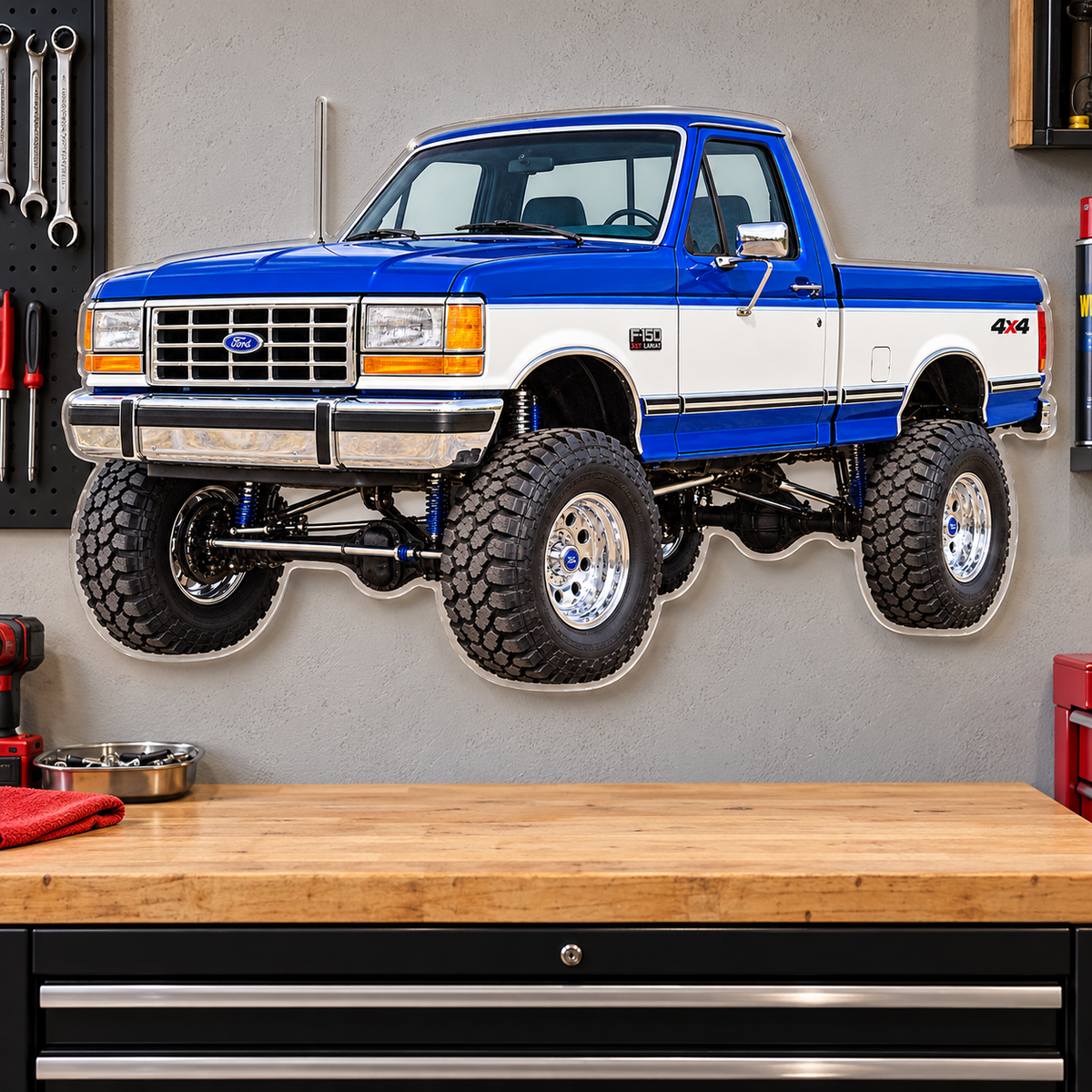 1990 Ford F-150 Bricknose 4x4 Royal Blue & White acrylic wall sign garage mockup