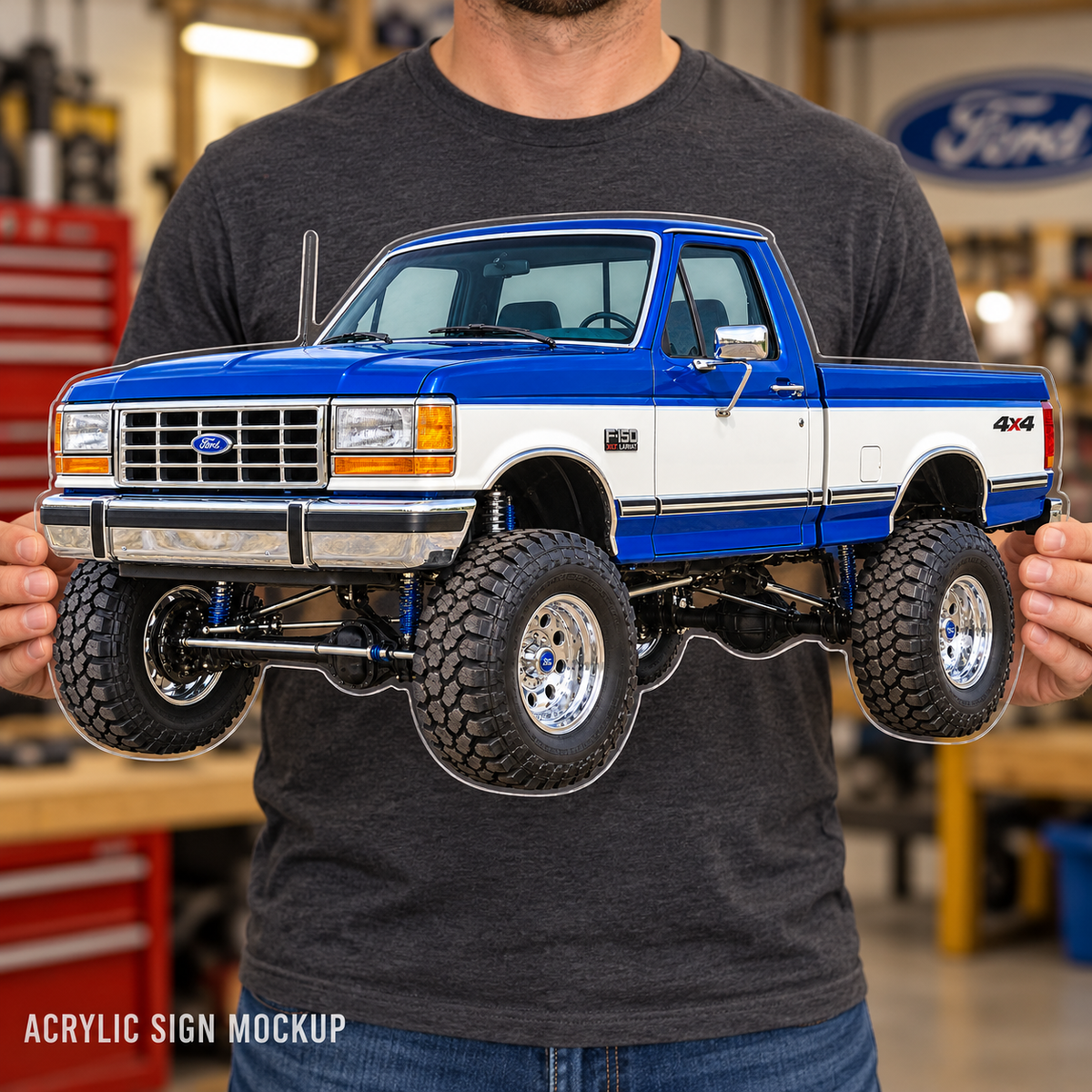 1990 Ford F-150 Bricknose 4x4 Royal Blue & White acrylic wall sign held mockup