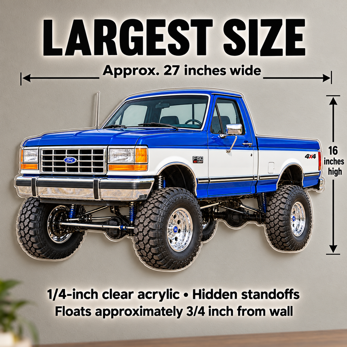 1990 Ford F-150 Bricknose 4x4 Royal Blue & White acrylic wall sign sizes mockup
