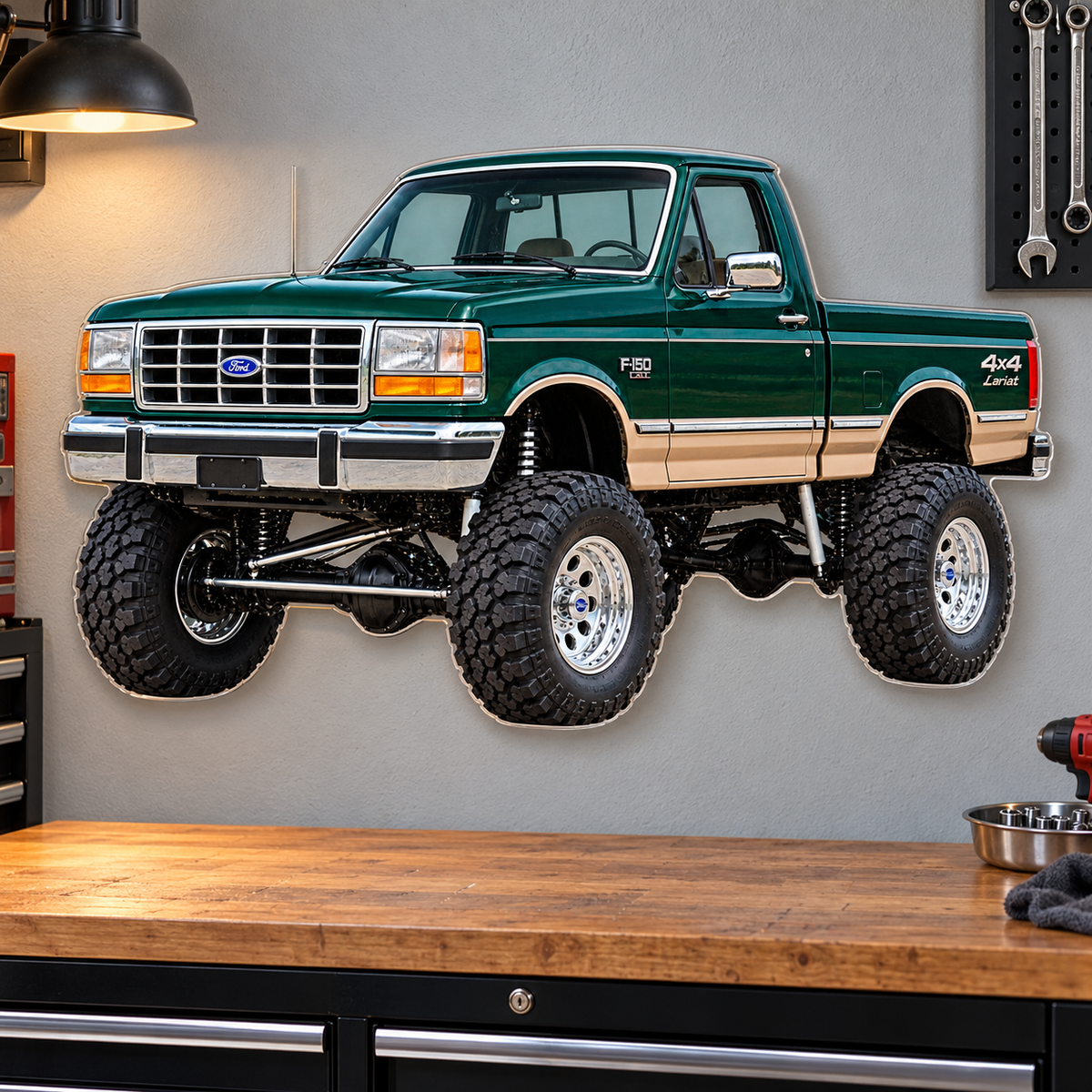 1990 Ford F-150 Bricknose 4x4 Emerald Green & Tan acrylic wall sign garage mockup
