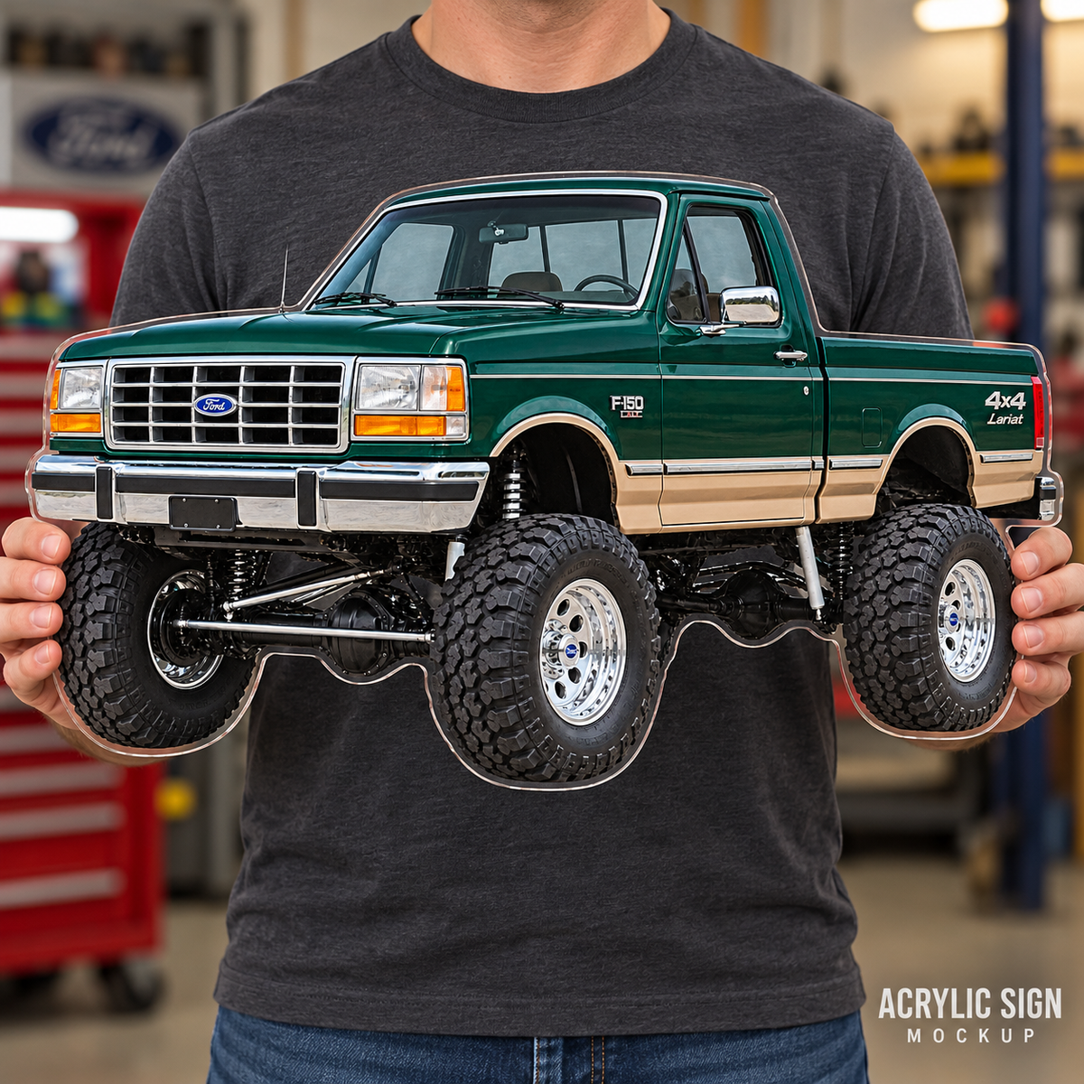1990 Ford F-150 Bricknose 4x4 Emerald Green & Tan acrylic wall sign held mockup