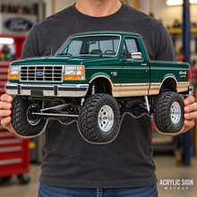 1990 Ford F-150 Bricknose 4x4 Emerald Green & Tan acrylic wall sign held mockup