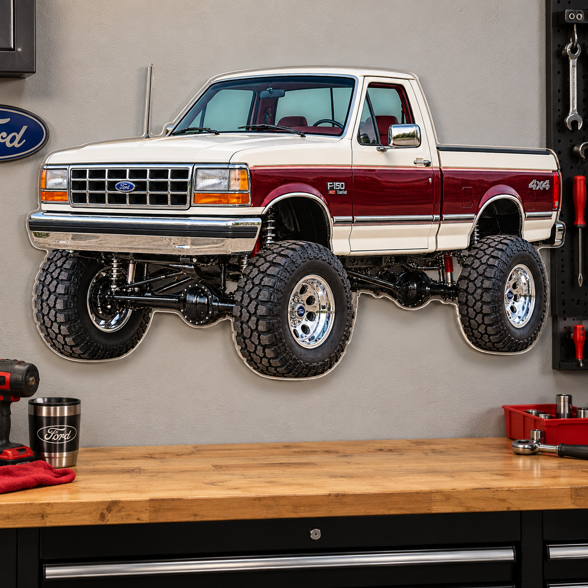 1990 Ford F-150 Bricknose 4x4 Pearl White & Burgundy acrylic wall sign garage mockup