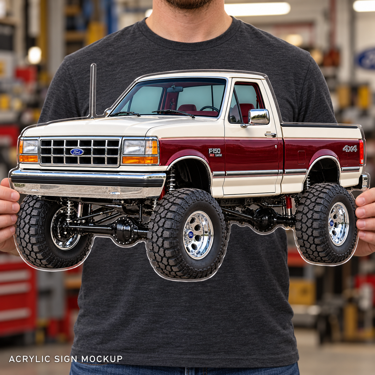 1990 Ford F-150 Bricknose 4x4 Pearl White & Burgundy acrylic wall sign held mockup