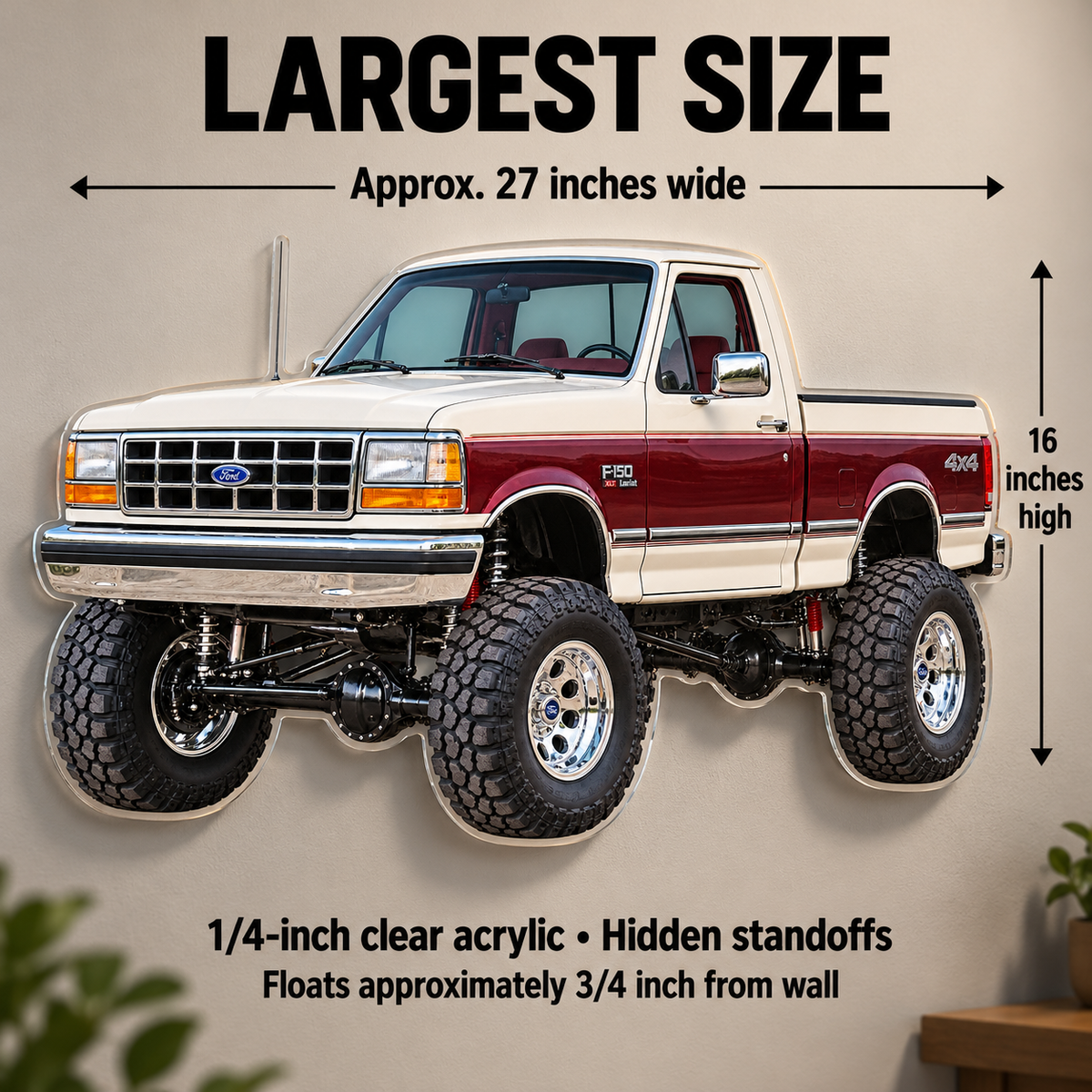 1990 Ford F-150 Bricknose 4x4 Pearl White & Burgundy acrylic wall sign sizes mockup