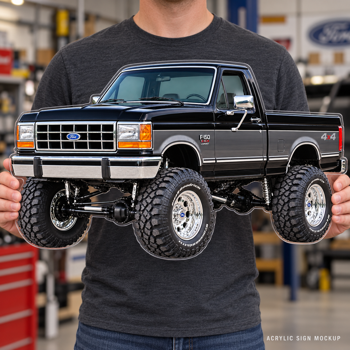 1990 Ford F-150 Bricknose 4x4 Jet Black & Charcoal acrylic wall sign held mockup