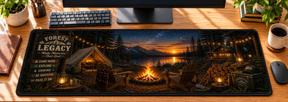 Forest Campfire Legacy Desk Mat in use on a warm wood office desk — overhead workspace view