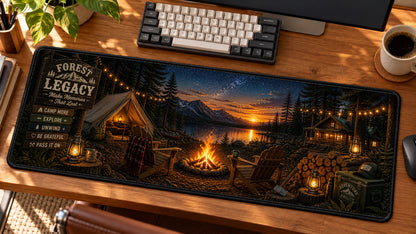 Forest Campfire Legacy Desk Mat in use on a warm wood office desk — angled workspace view