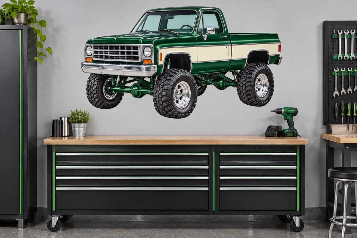 Forest Green & Cream Classic Lifted Truck Contour Cut Decal – Indoor or Outdoor garage mockup, illustrative size