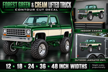 Forest Green & Cream Classic Lifted Truck Contour Cut Decal – Indoor or Outdoor showcase with sizes and materials