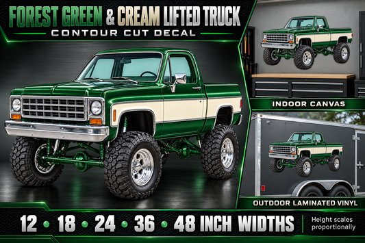 Forest Green & Cream Classic Lifted Truck Contour Cut Decal – Indoor or Outdoor showcase with sizes and materials
