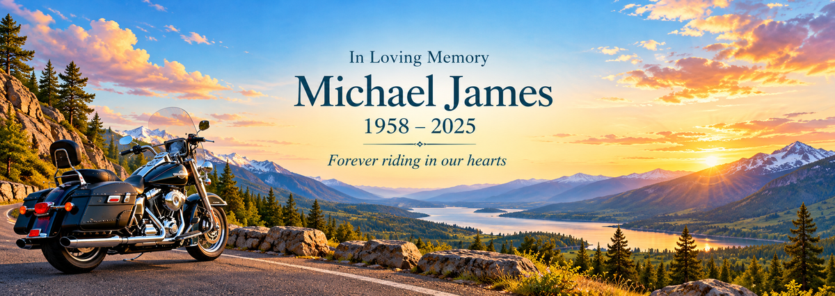 Forever Riding Open Road personalized memorial desk mat — sample name and dates