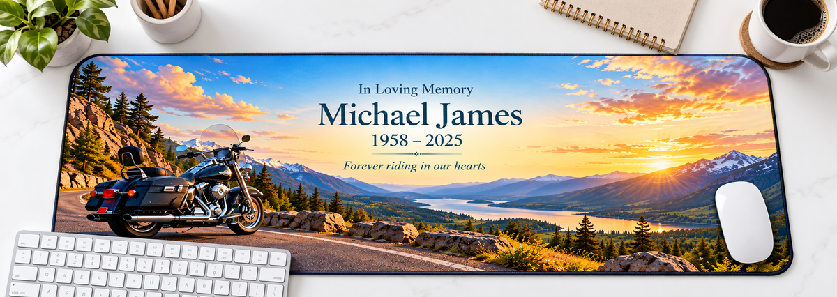 Forever Riding Open Road memorial desk mat — overhead workspace mockup
