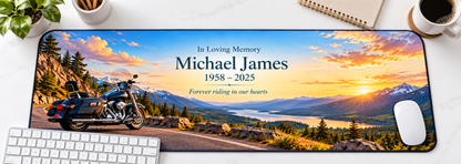 Forever Riding Open Road memorial desk mat — overhead workspace mockup