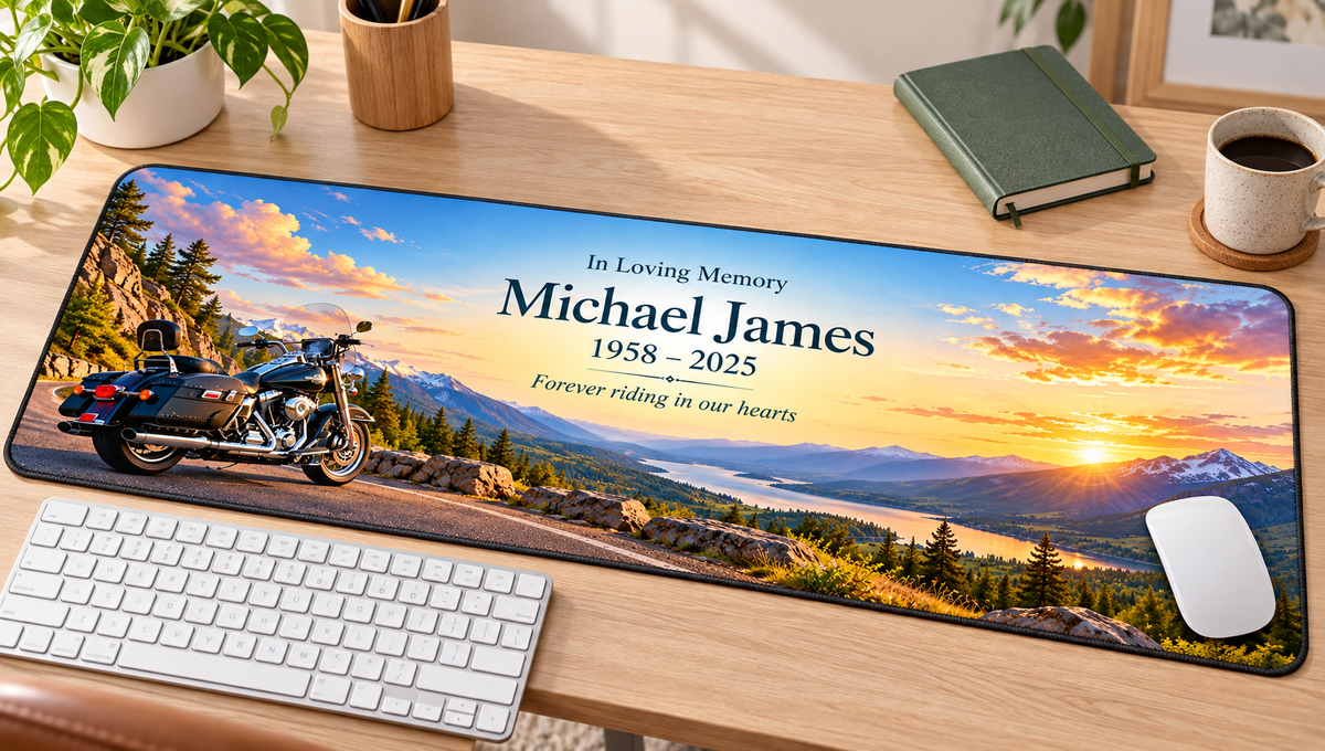 Forever Riding Open Road memorial desk mat — angled workspace mockup