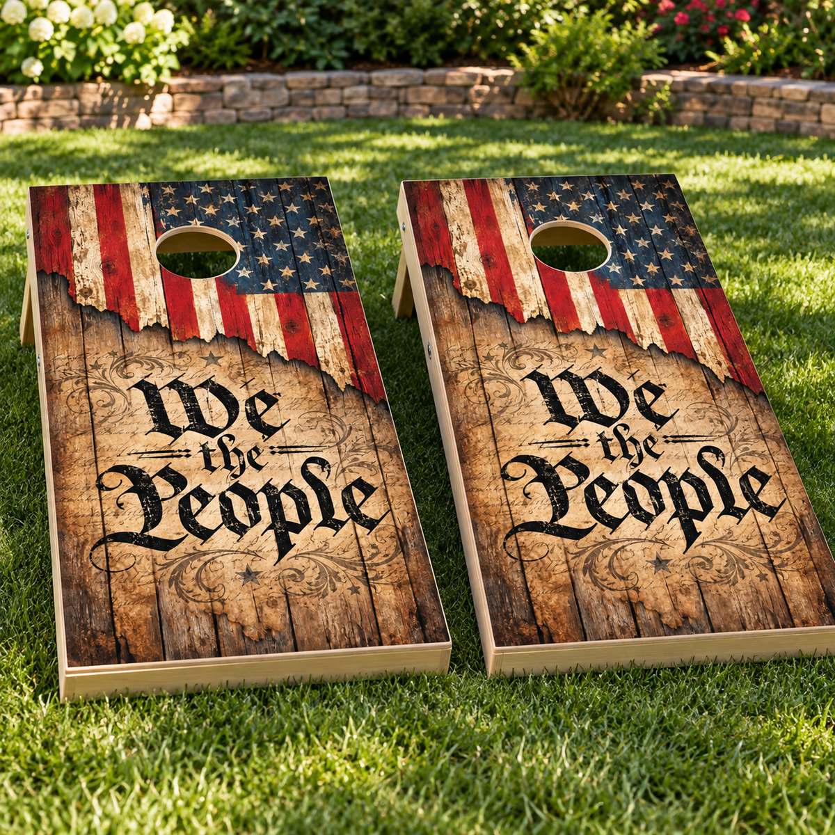 We the People Founders Parchment Cornhole Board Wraps installed on two boards; boards not included