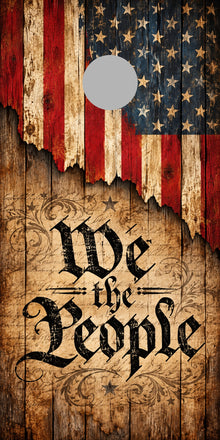 We the People Founders Parchment Cornhole Board Wraps proof with gray regulation hole-position marker