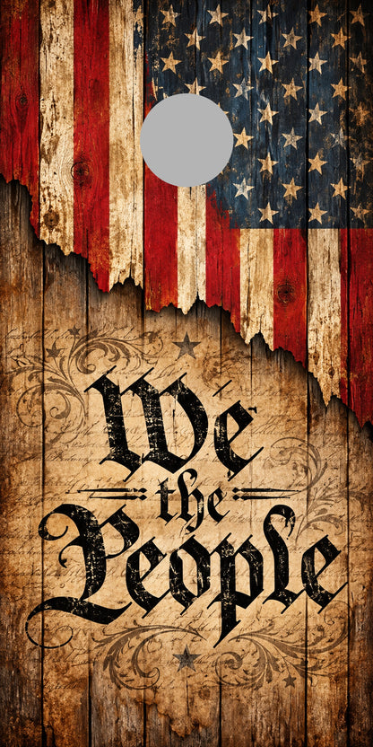 We the People Founders Parchment Cornhole Board Wraps proof with gray regulation hole-position marker