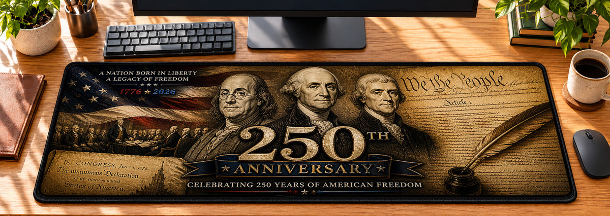 Founding Fathers Tribute Desk Mat in use on a warm wood office desk — overhead workspace view
