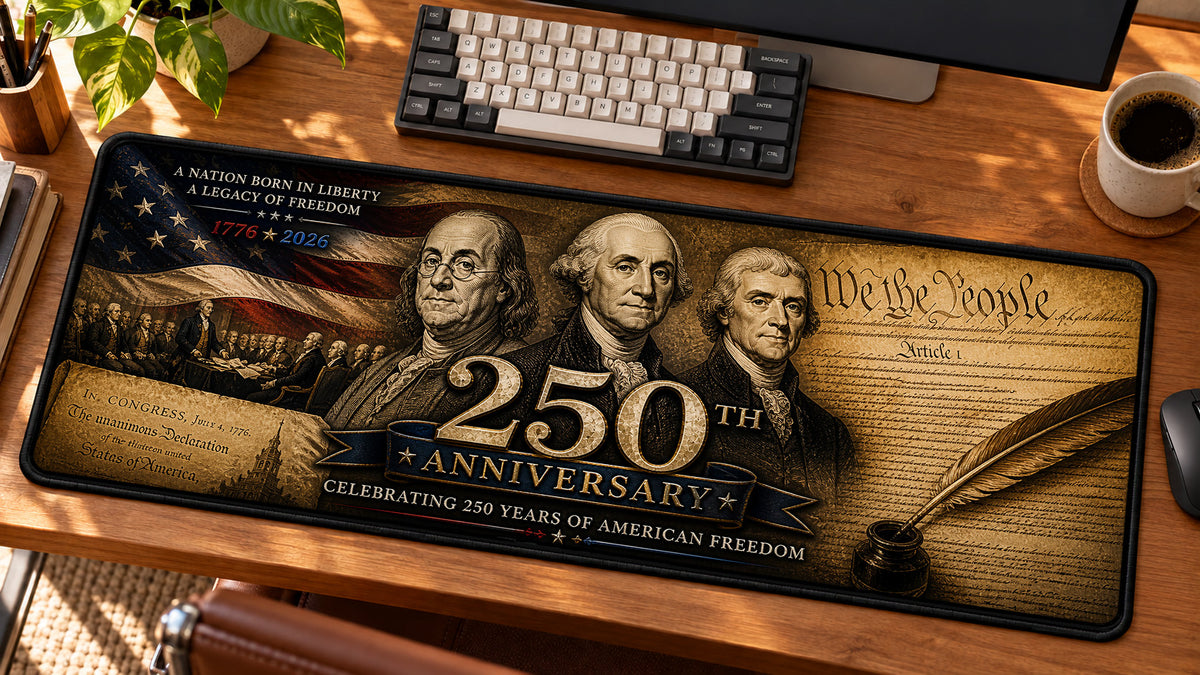 Founding Fathers Tribute Desk Mat in use on a warm wood office desk — angled workspace view