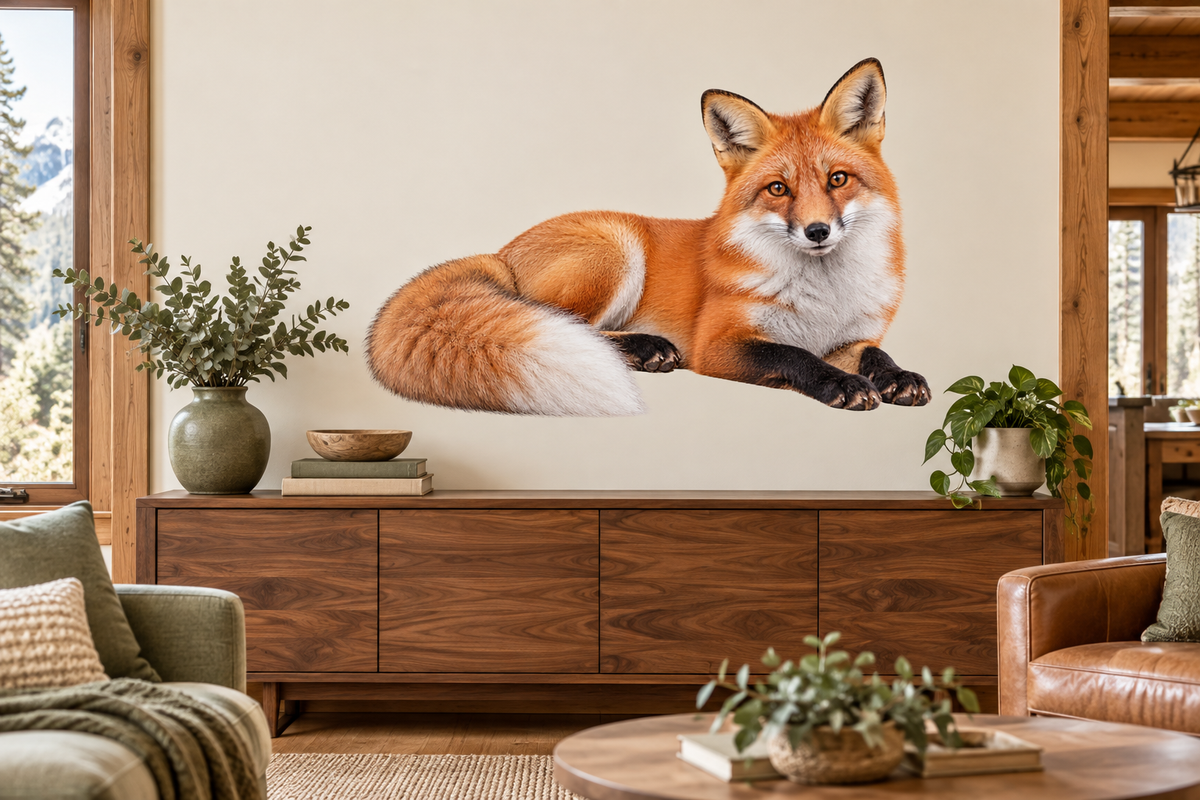 Autumn Red Fox Realistic Large Wall Decal room mockup, illustrative size