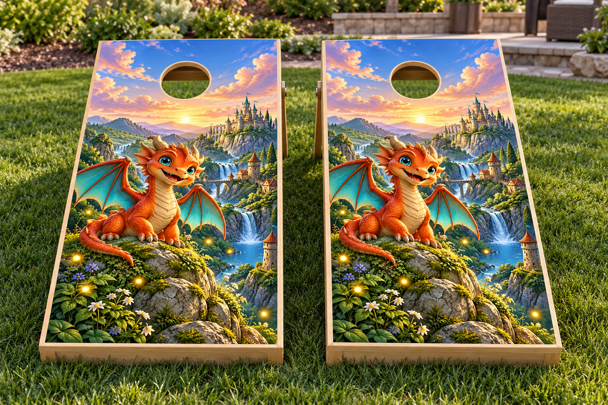 friendly dragon kingdom cornhole wrap installed-board mockup; boards not included