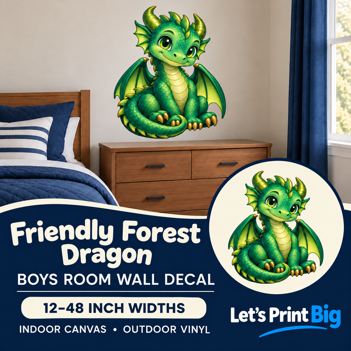 Friendly Forest Dragon – Boys Room Wall Decal summary and bedroom mockup – 12 to 48 inch widths