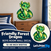 Friendly Forest Dragon – Boys Room Wall Decal summary and bedroom mockup – 12 to 48 inch widths
