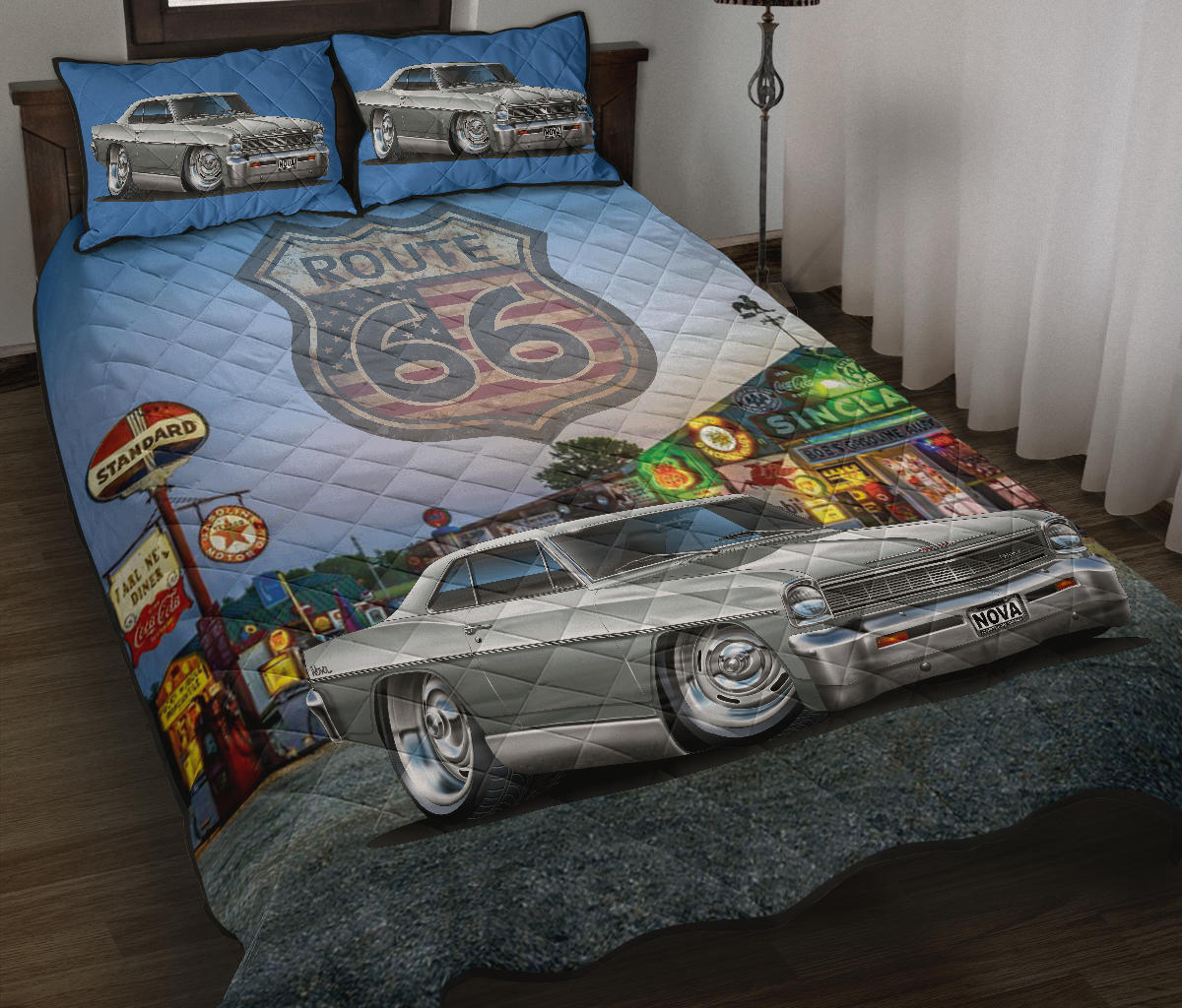 1966 Chevy Nova Silver Muscle Car  Route 66 Quilt Art Set view 1