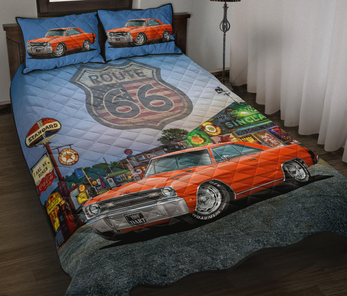 1969 Dodge Dart Orange Muscle Car Route 66 Custom Quilt Set view 1