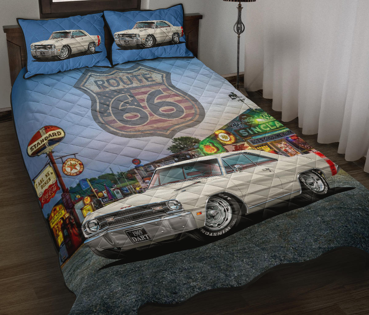 Retro 1969 Dodge Dart White Route 66 Custom Quilt set view 1